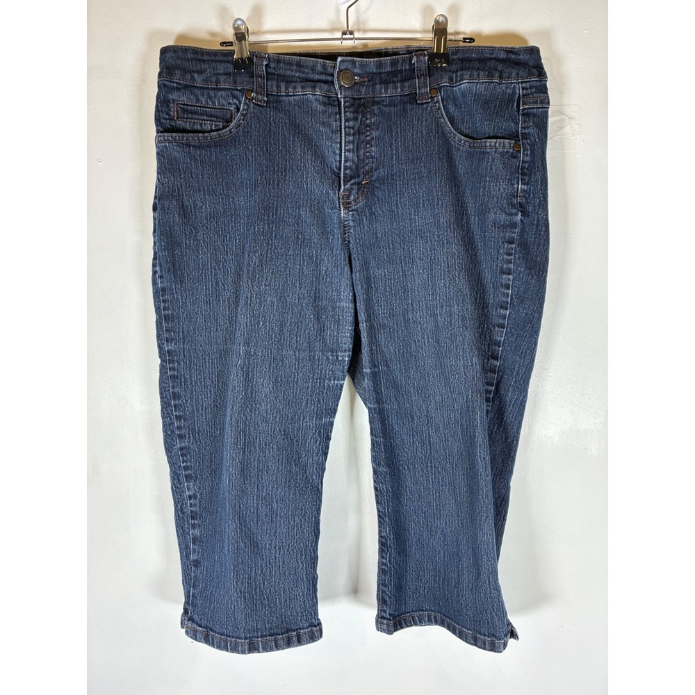 Bandalino Blu Size 16P Capri Jeans Cropped Stretch Denim Medium Wash Embroidered